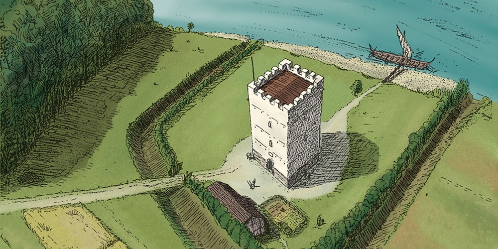 kolorierte Rekonstruktion des Wachturms in Schlatt
