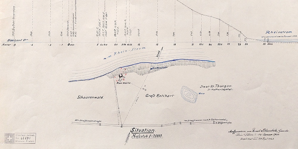 Planresten des römischen Wachturms im Ratihart, westlich Diessenhofen mit Höhenprofil des gewachsenen Terrains und einer Skizze des Lageplans